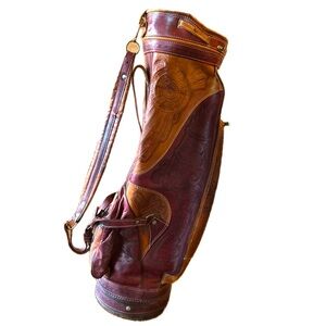 LEATHER HAND TOOLED VINTAGE MEXICAN/INDIAN GOLF BAG/ GOOD CONDITION